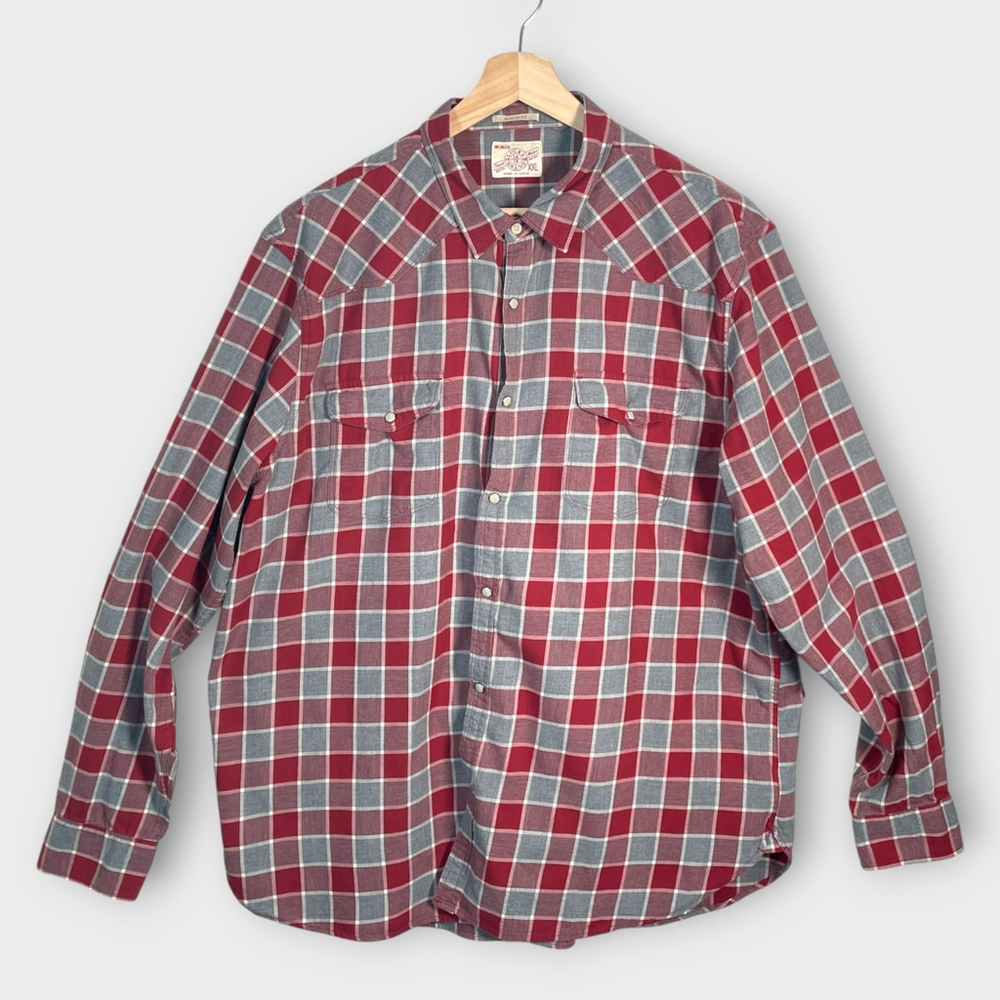 LUCKY BRAND Pearl Snap Western Shirt Mens 2XL Red Gray Classic Fit EUC